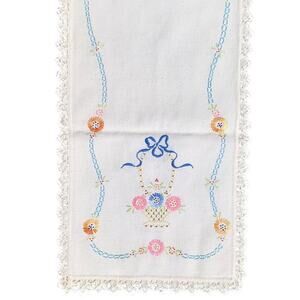 Vintage 40" x 12" Hand-Stitched Tablecloth Runner Flower Basket w/Crochet Trim